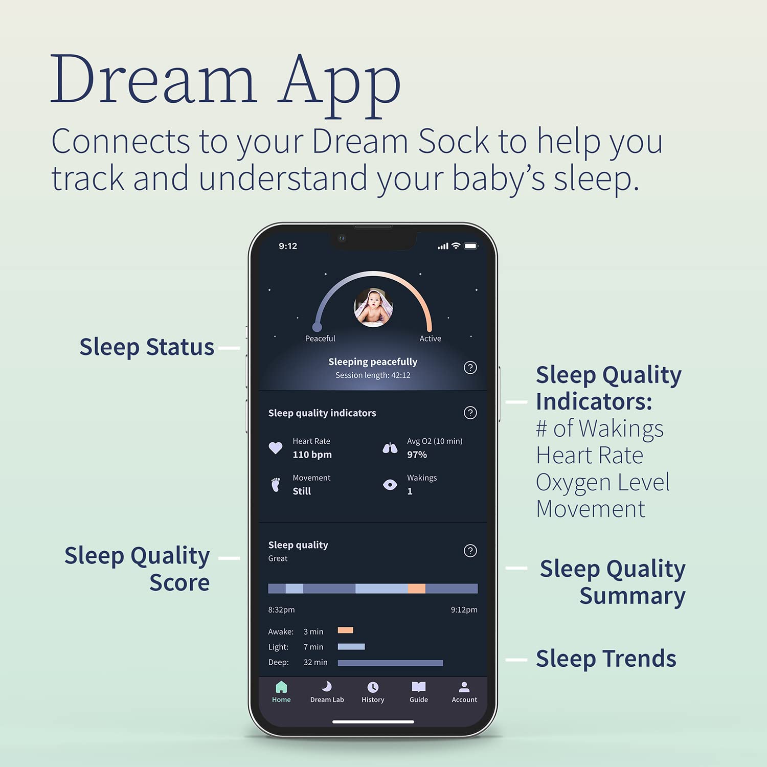 Owlet Dream Sock - Smart Baby Monitor View Heart Rate and Average Oxygen O2 as Sleep Quality Indicators. Wakings, Movement, and Sleep State. Digital Sleep Coach and Sleep Assist Prompts - Mint - Image 3